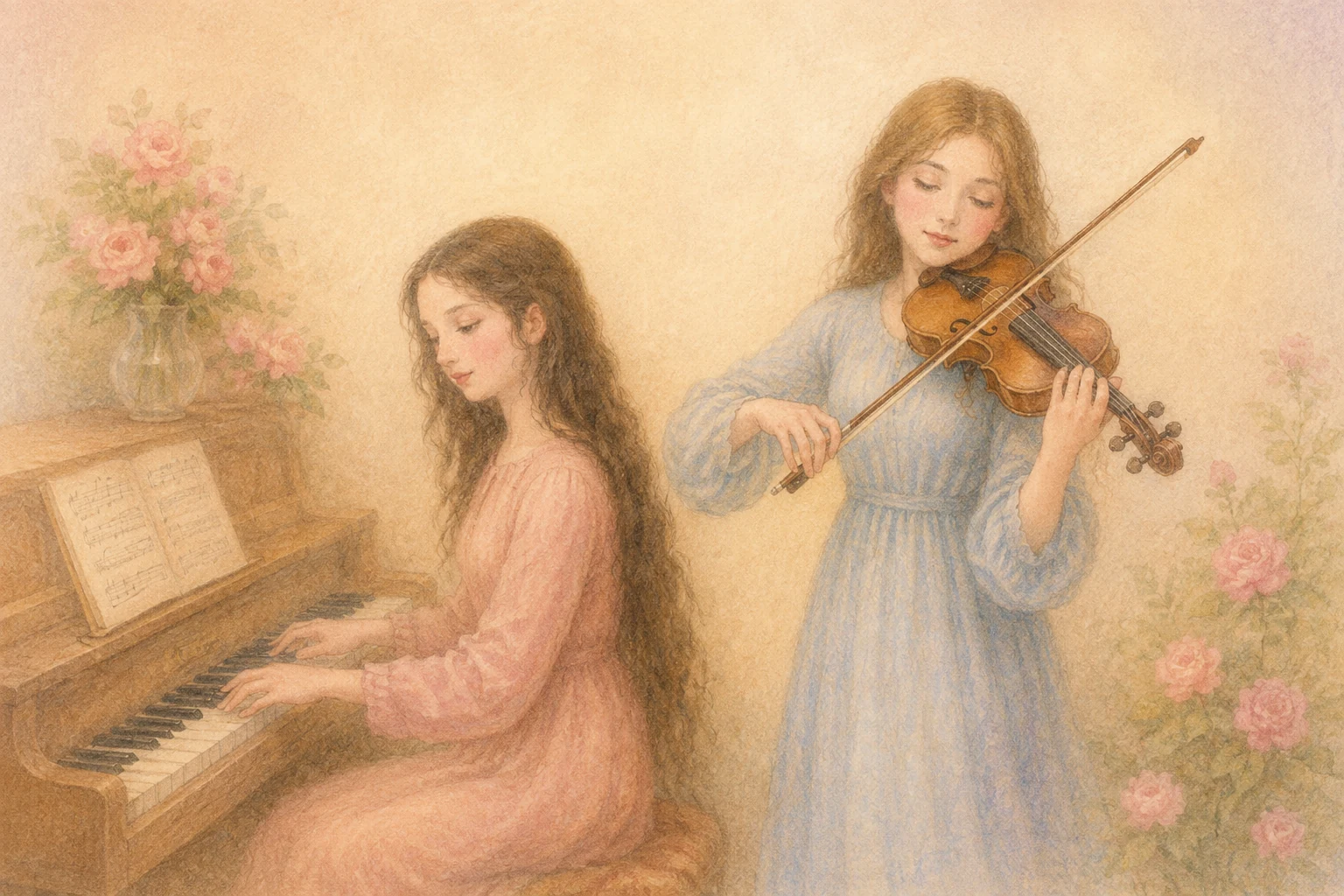 Aquarellillustration: Pianistin und Geigerin musizieren gemeinsam